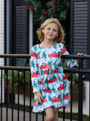 Girls Christmas Truck Christmas Tree Print Dress