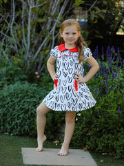 Valentine's Day Heart Print Bow Girls Dress with Pocket