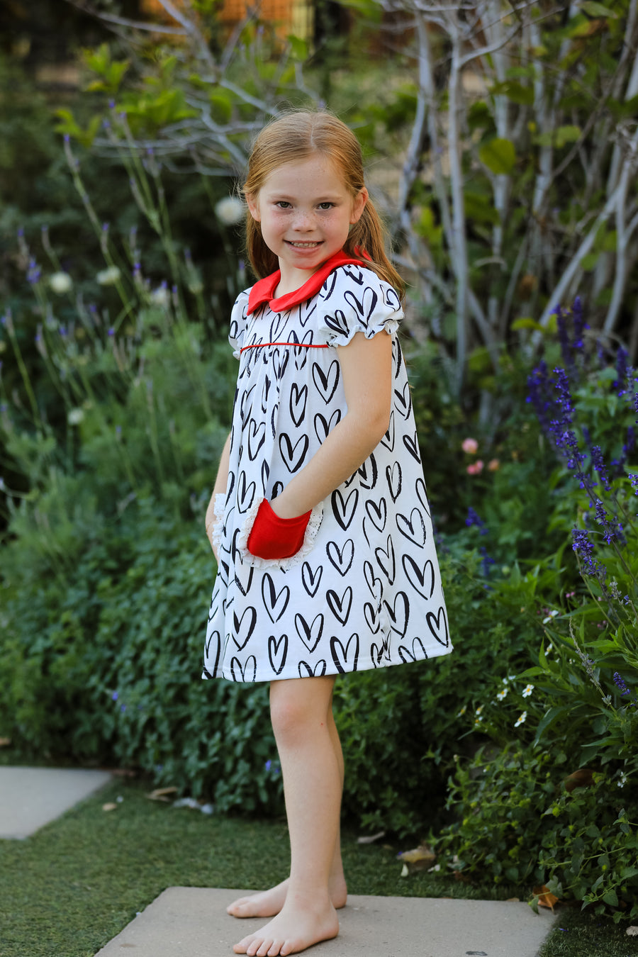 Valentine's Day Heart Print Bow Girls Dress with Pocket