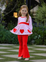 Girls Valentine's Day Heart Applique Plaid Outfits Set