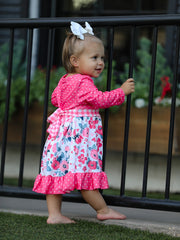 Valentine's Day Flower Print Bow Tie Polka Dot Ruffle Dress