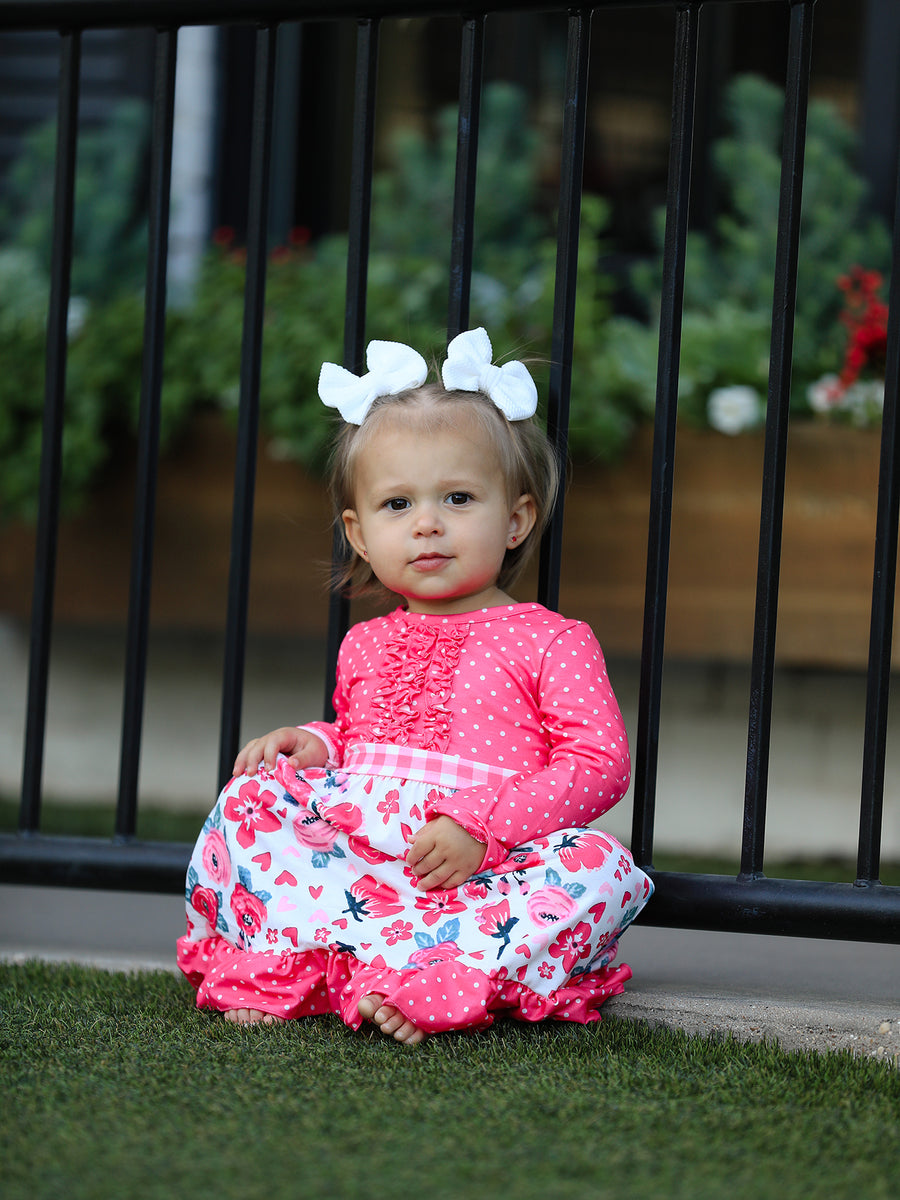 Valentine's Day Flower Print Bow Tie Polka Dot Ruffle Dress