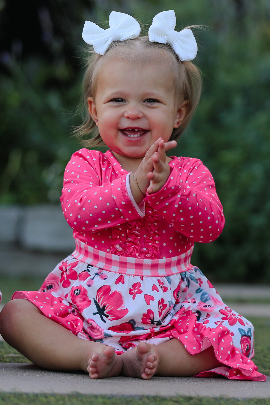 Valentine's Day Flower Print Bow Tie Polka Dot Ruffle Dress