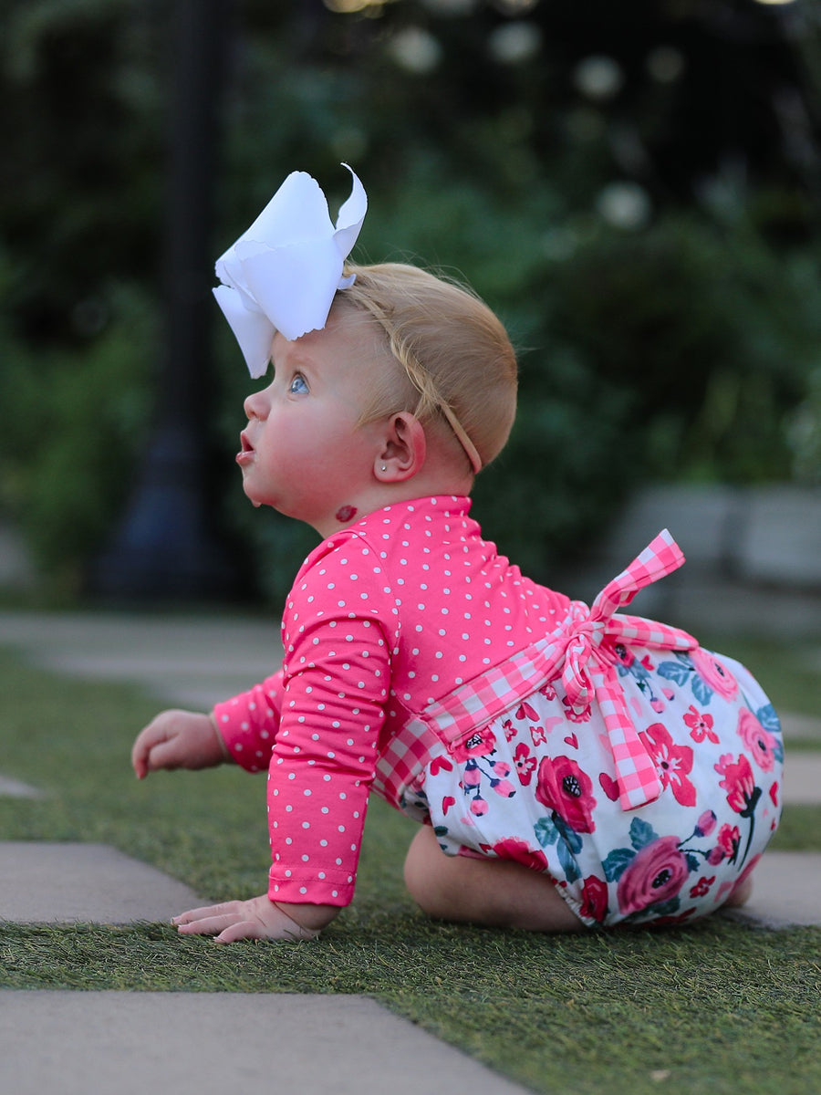 Valentine's Day Flower Print Bow Polka Dot Ruffle Girls Romper