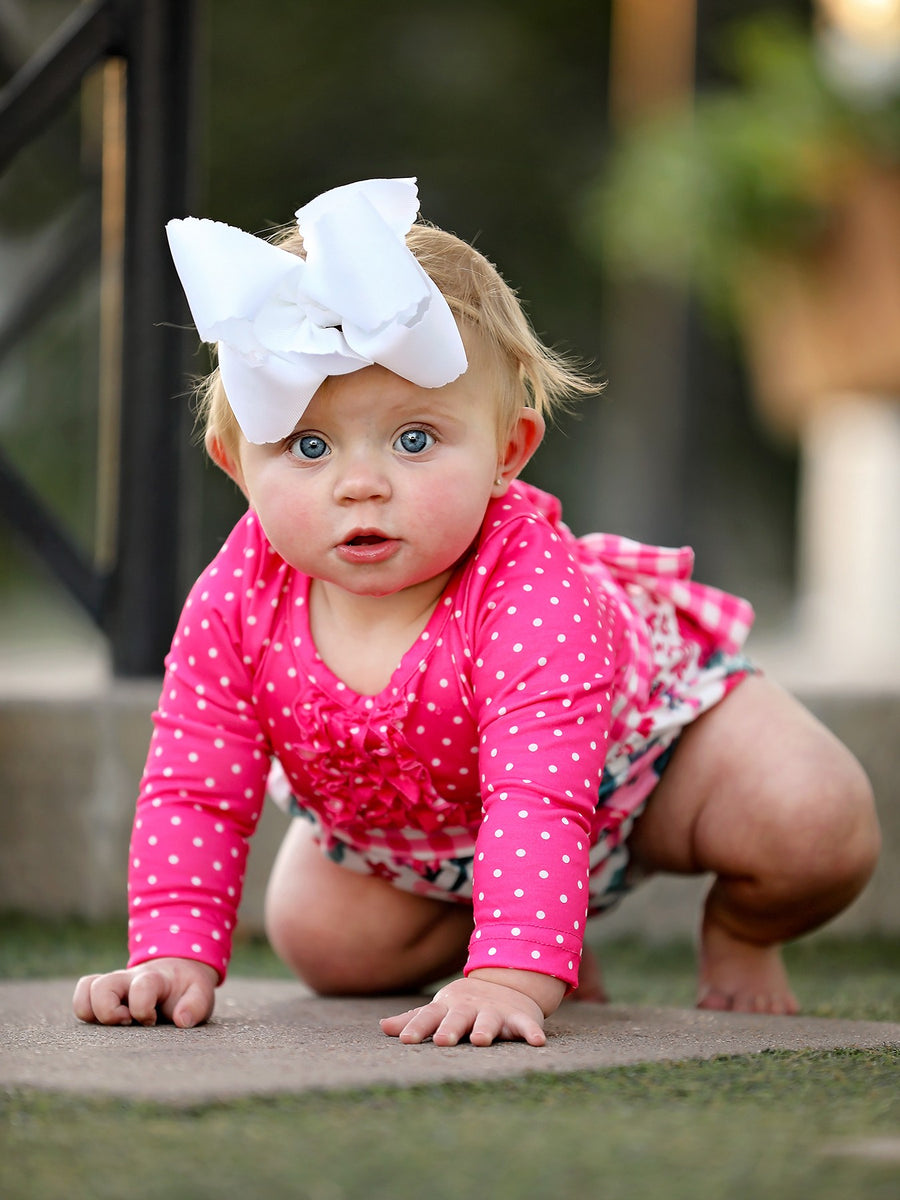 Valentine's Day Flower Print Bow Polka Dot Ruffle Girls Romper