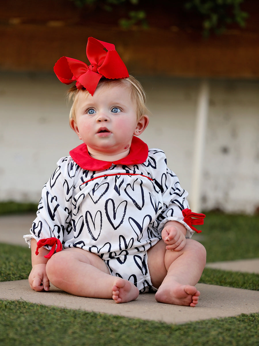 Valentine's Day Heart Print Bow Girls Romper