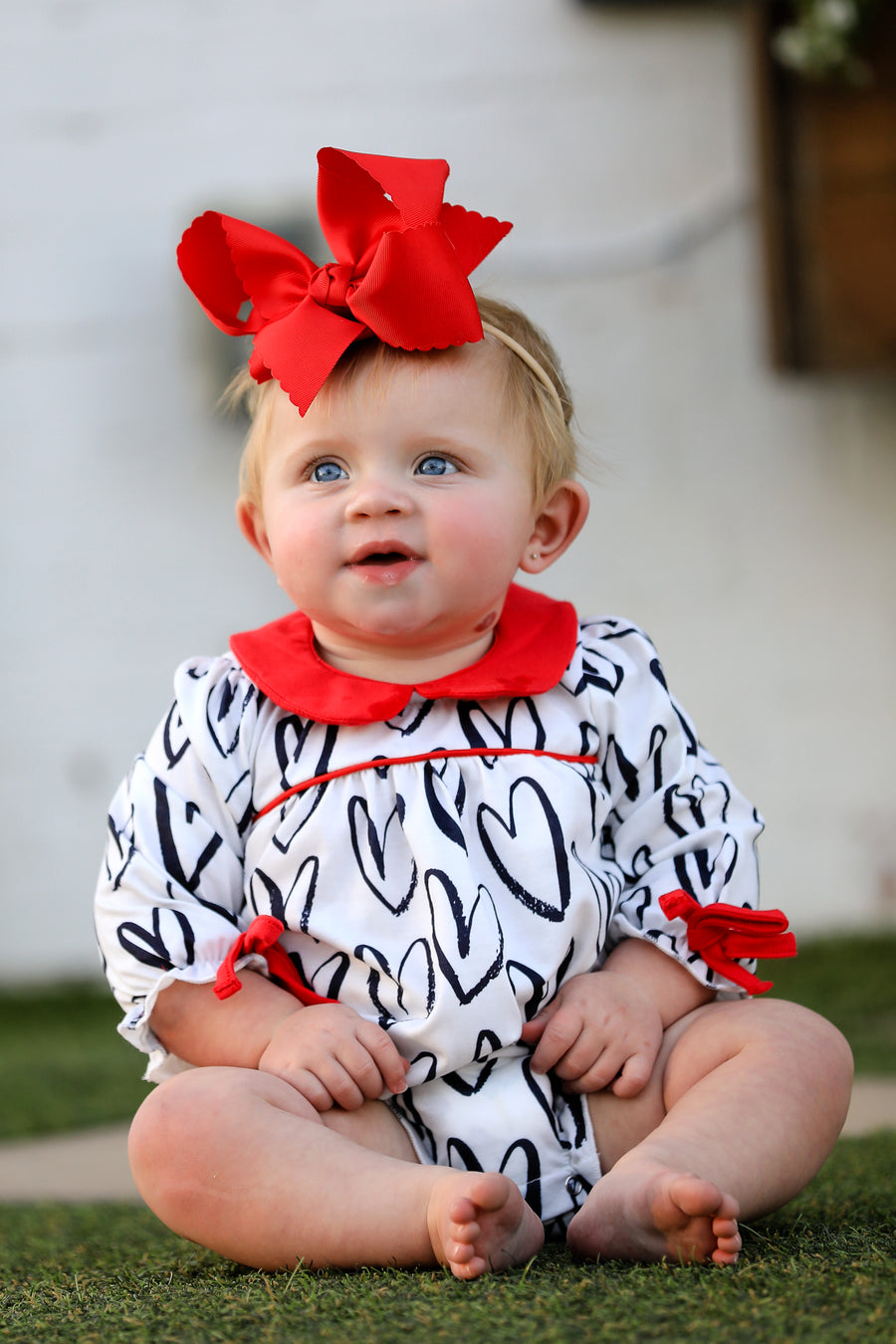 Valentine's Day Heart Print Bow Girls Romper