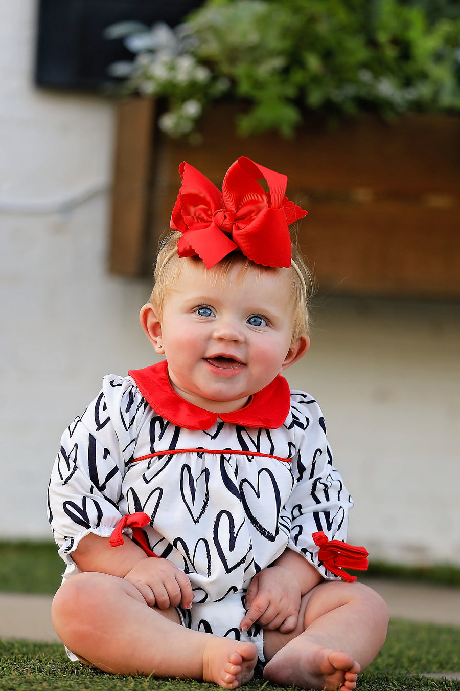 Valentine's Day Heart Print Bow Girls Romper