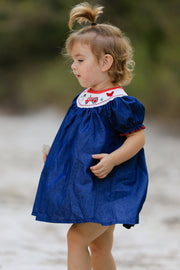 Girls Farm Smocking Embroidered Blue Dress