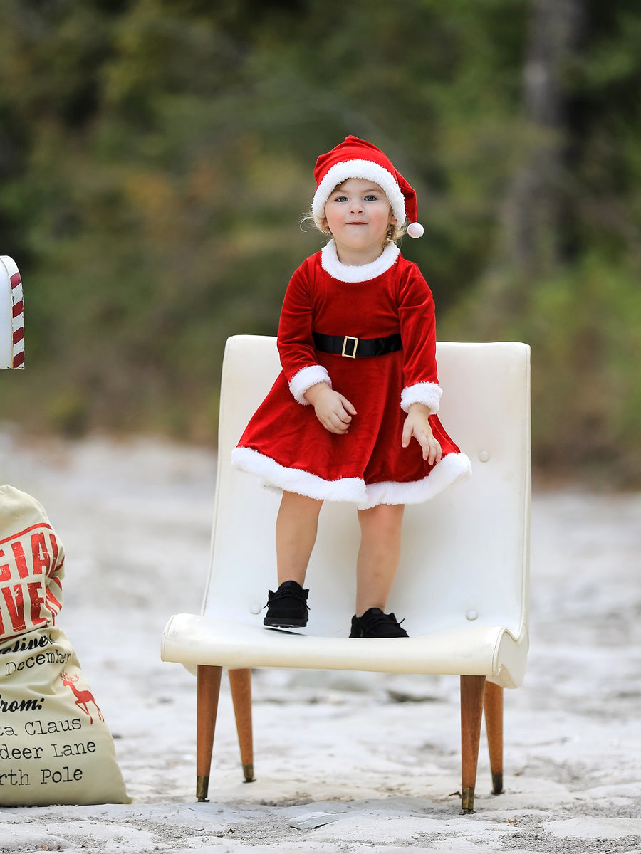 Christmas Red Velvet Girls Dress with hat