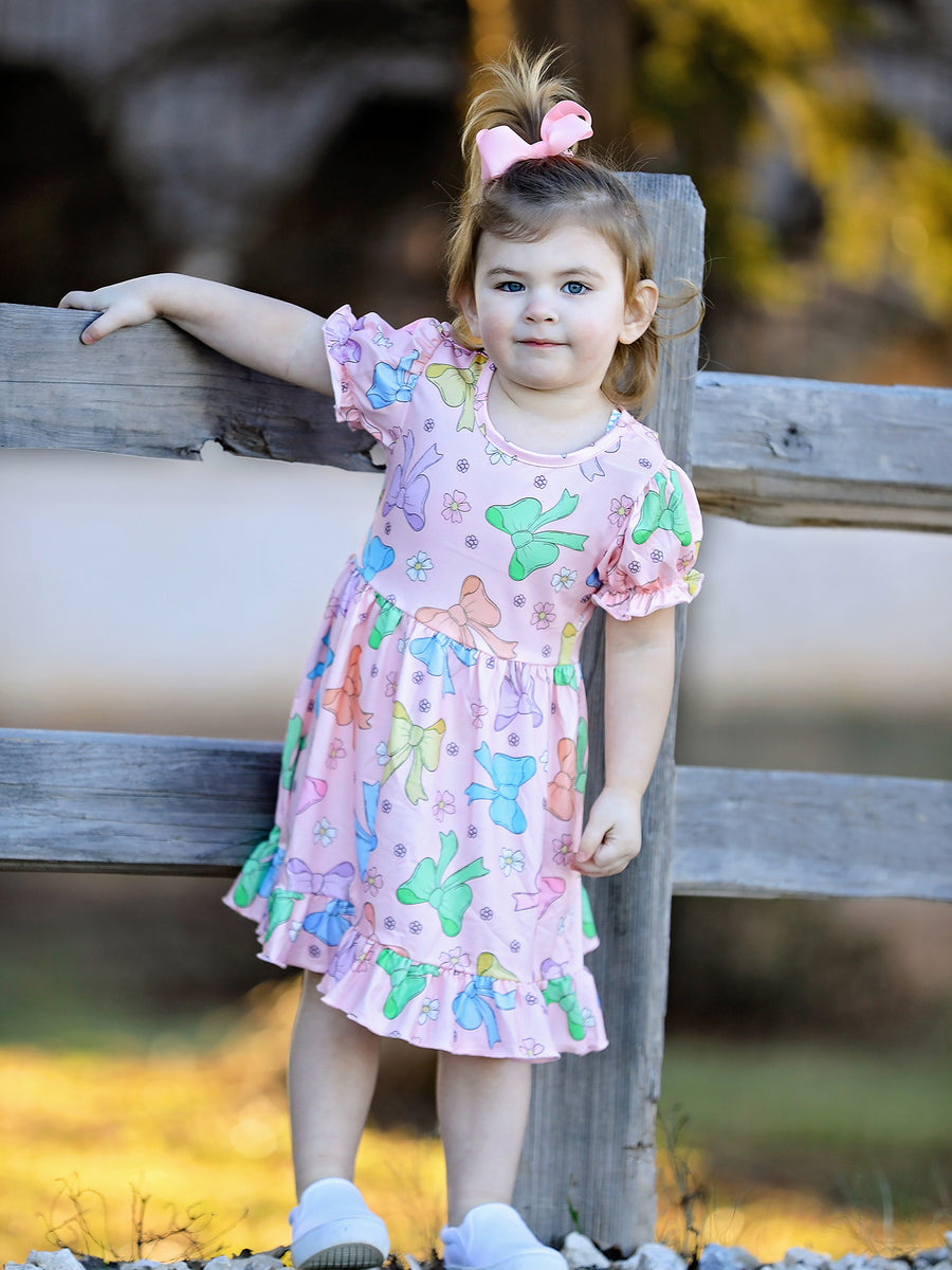 Easter Colorful Bow Print Ruffles Girls Dress