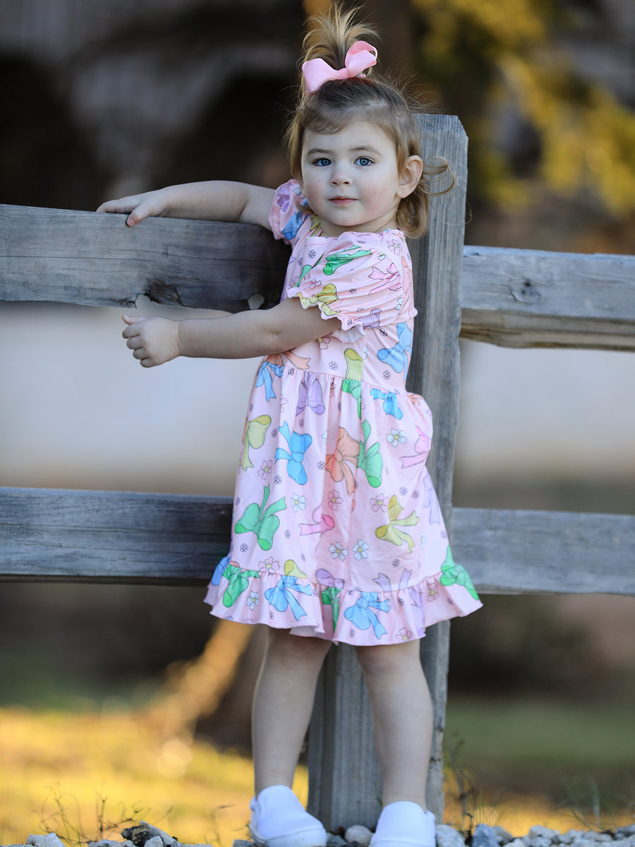 Easter Colorful Bow Print Ruffles Girls Dress