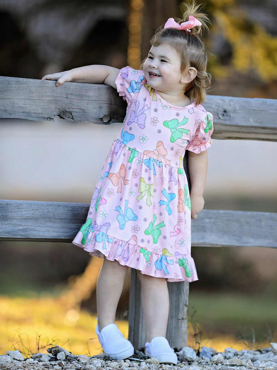 Easter Colorful Bow Print Ruffles Girls Dress