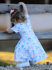 Blue Bow Floral Print Milk Silk Girls Dress