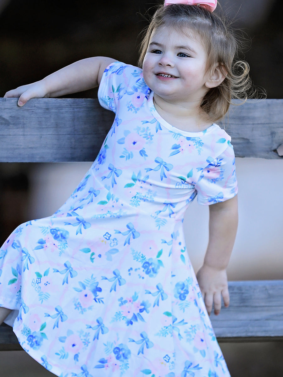 Blue Bow Floral Print Milk Silk Girls Dress