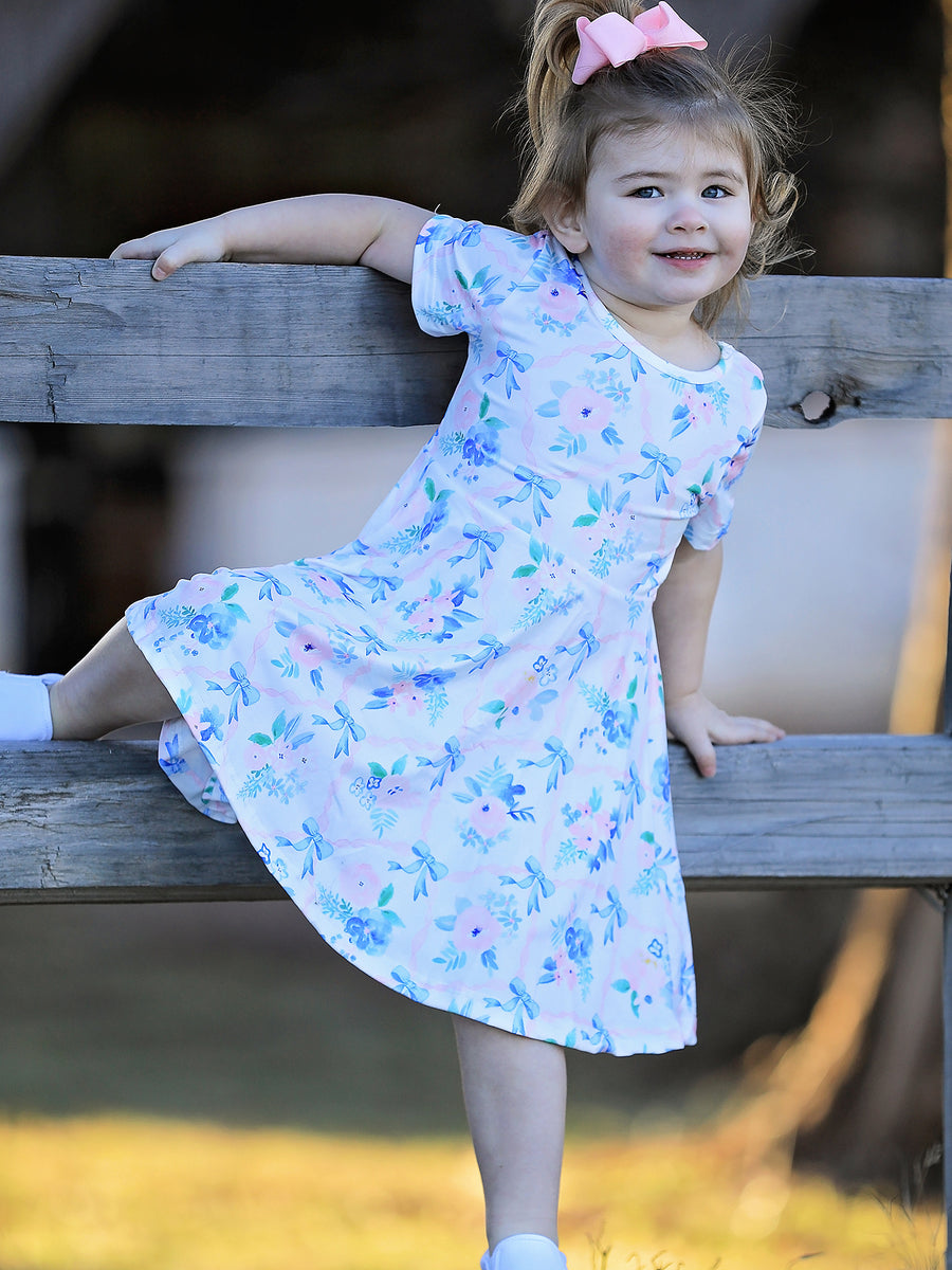 Blue Bow Floral Print Milk Silk Girls Dress