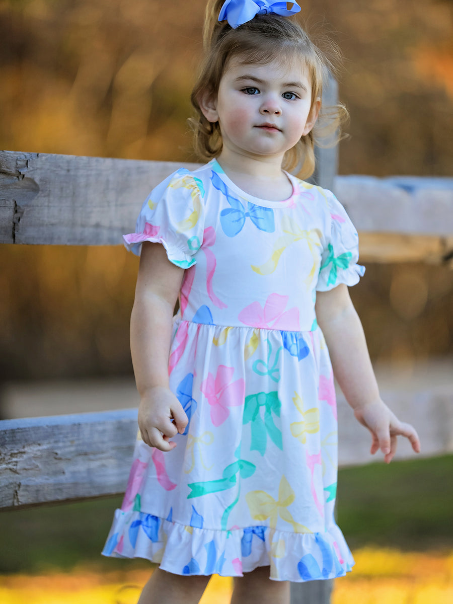 Easter Colorful Bow Print Puff Sleeves Girls Dress