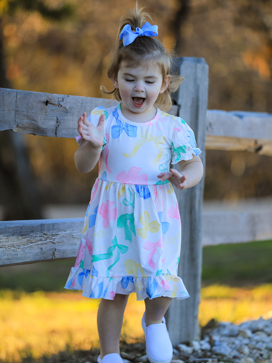 Easter Colorful Bow Print Puff Sleeves Girls Dress