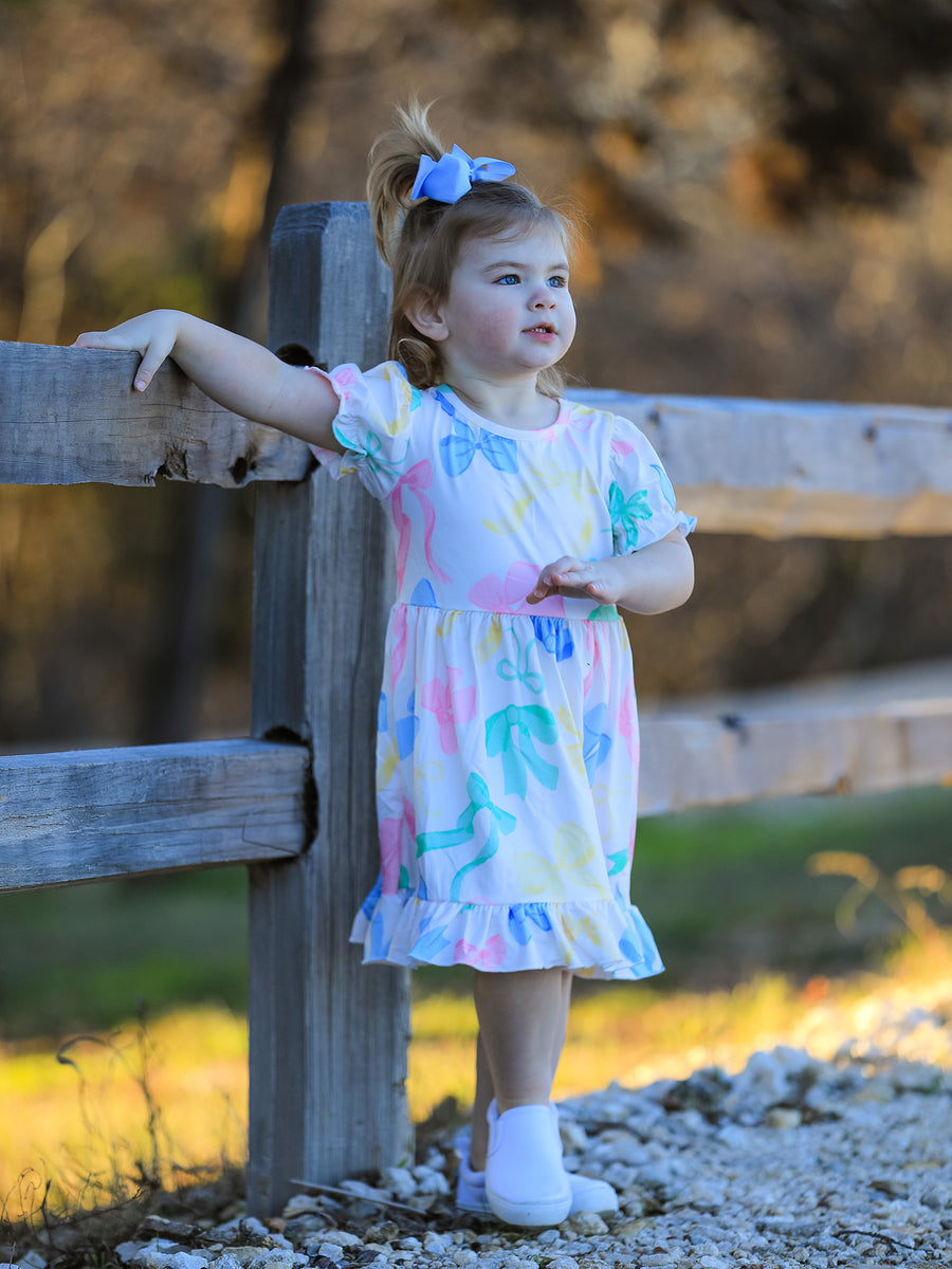 Easter Colorful Bow Print Puff Sleeves Girls Dress