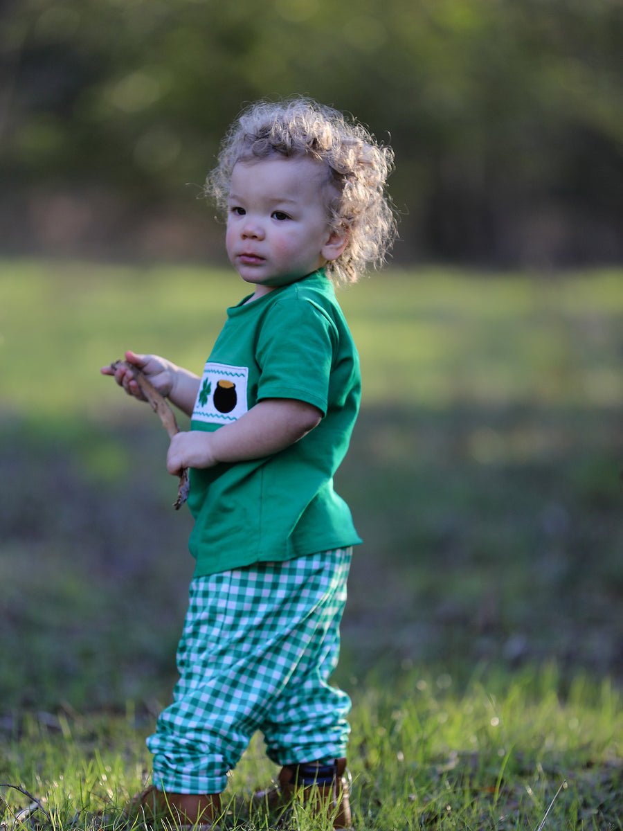 St. Patrick's Day Shamrock Smocking Embroidered Plaid Outfit Set