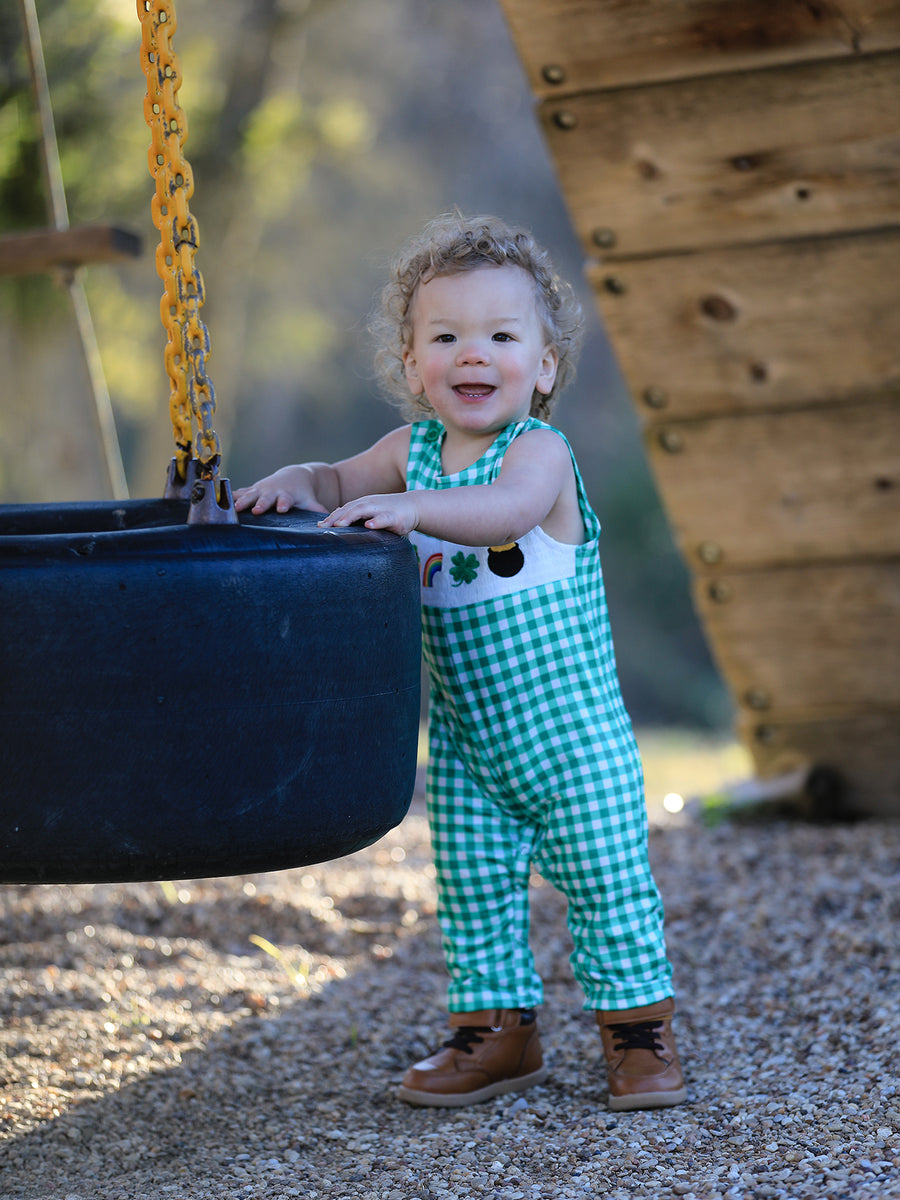 St. Patrick's Day  shamrock Smocking Embroidered Green Plaid Boys' Romper