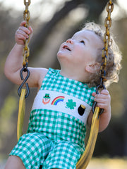 St. Patrick's Day  shamrock Smocking Embroidered Green Plaid Boys' Romper