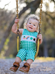 St. Patrick's Day  shamrock Smocking Embroidered Green Plaid Boys' Romper