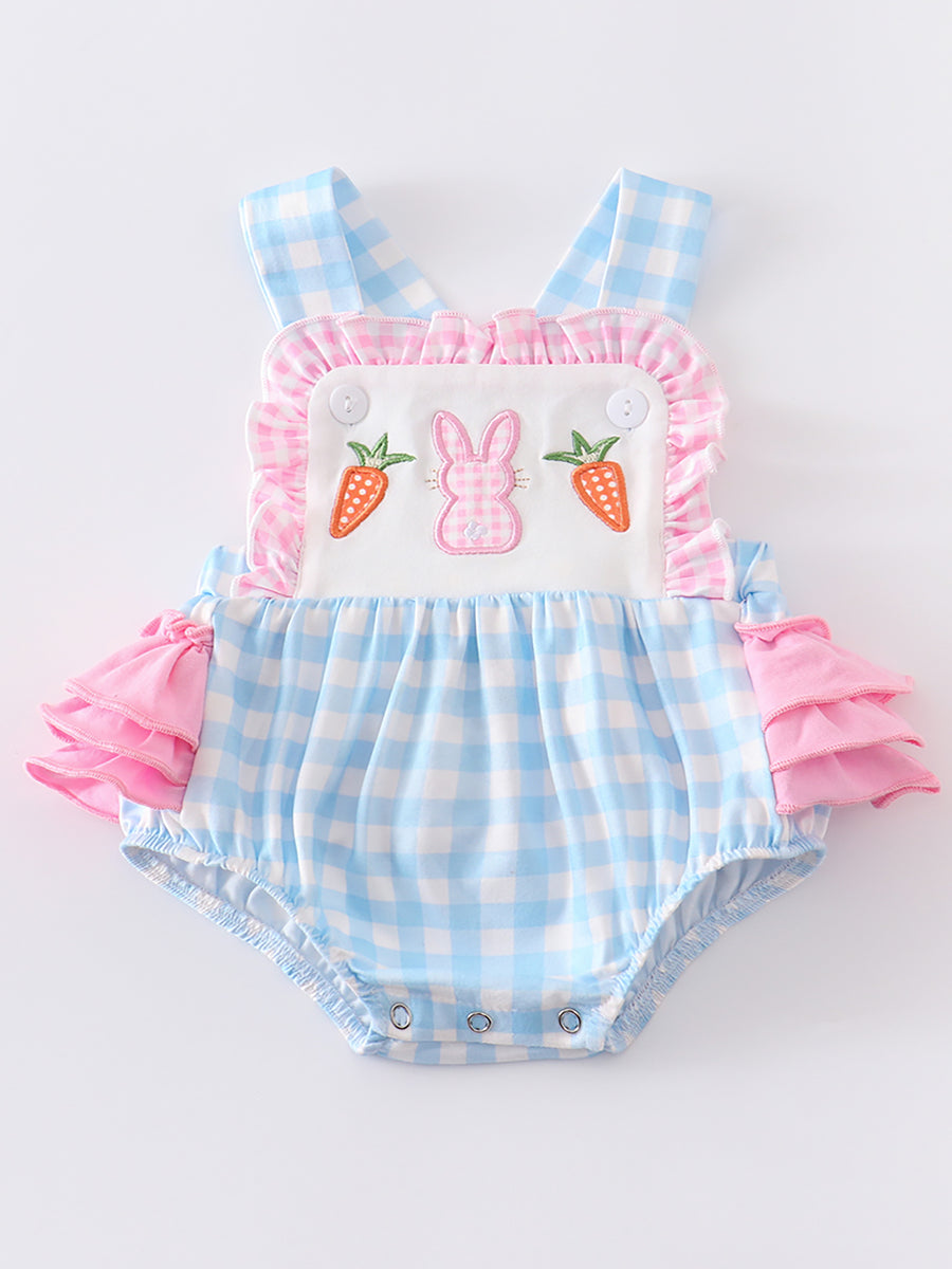 Blue Stripe Rabbit Applique Ruffle Baby Romper