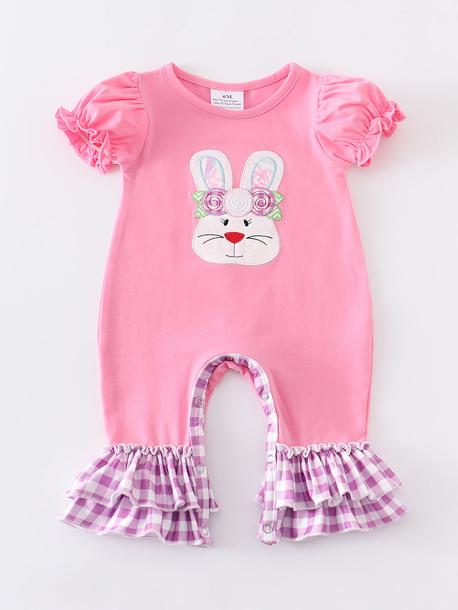 Magenta plaid rabbit  ruffle baby romper