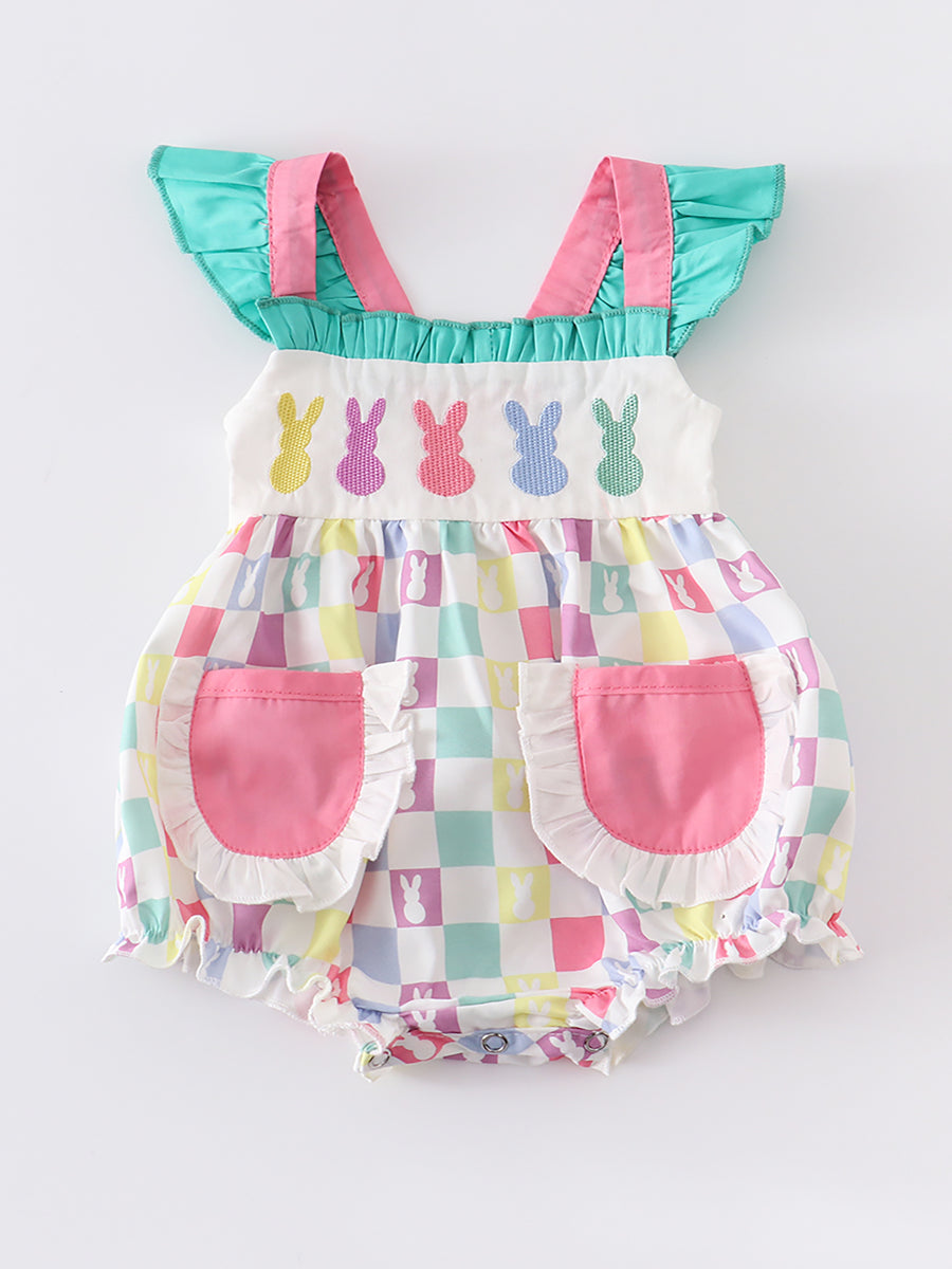 Colored Plaid Rabbit Applique Ruffle Baby Romper