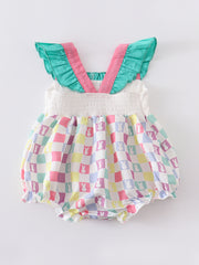 Colored Plaid Rabbit Applique Ruffle Baby Romper