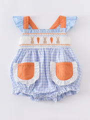 Blue Plaid Easter Rabbit Applique Ruffle Baby Romper