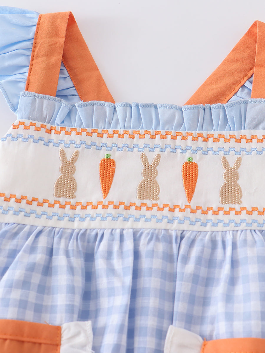 Blue Plaid Easter Rabbit Applique Ruffle Baby Romper