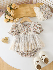 Floral Lace Baby Girl Romper With Bow Ruffle And Hat