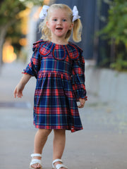 Fall Plaid Girl Dress Petal Collar Puff Sleeve Long Sleeve