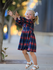 Fall Plaid Girl Dress Petal Collar Puff Sleeve Long Sleeve