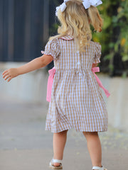 Fall Thanksgiving Lapel Plaid Chick Embroidery Smocking Bow Baby Girls Dress
