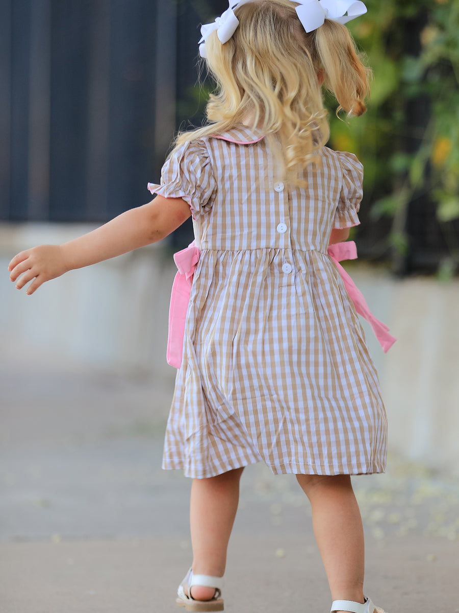 Fall Thanksgiving Lapel Plaid Chick Embroidery Smocking Bow Baby Girls Dress