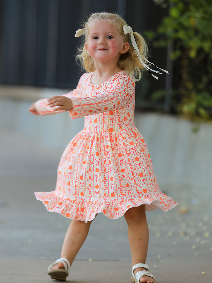 Halloween Thanksgiving Pumpkin Bow Pocket Girls Dress