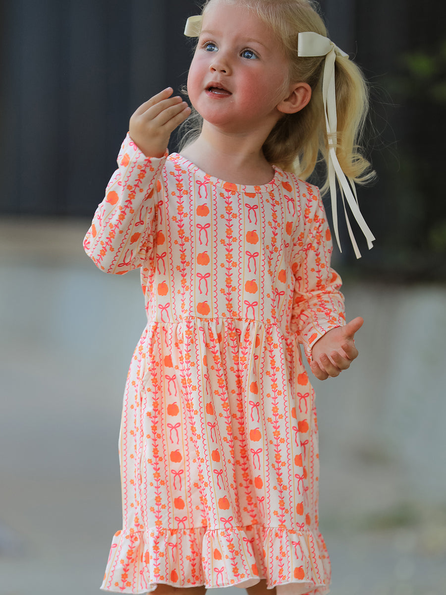 Halloween Thanksgiving Pumpkin Bow Pocket Girls Dress