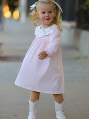 Pink Goose Embroidered Baby Girl Dress Peter Pan Collar Bow Dress