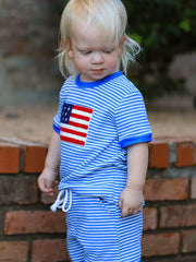 4th of July Flag Chenille Boys Set Blue Stripe Shorts