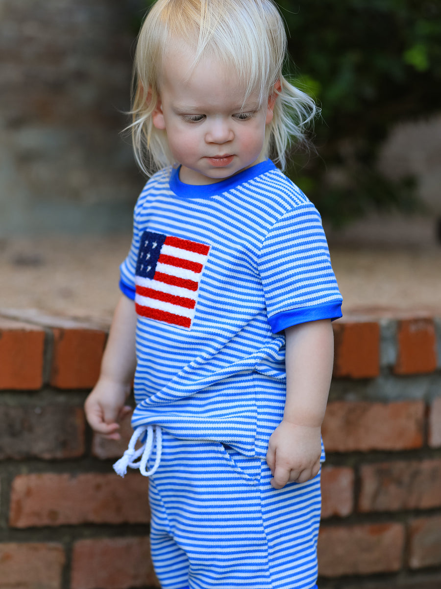 4th of July Flag Chenille Boys Set Blue Stripe Shorts