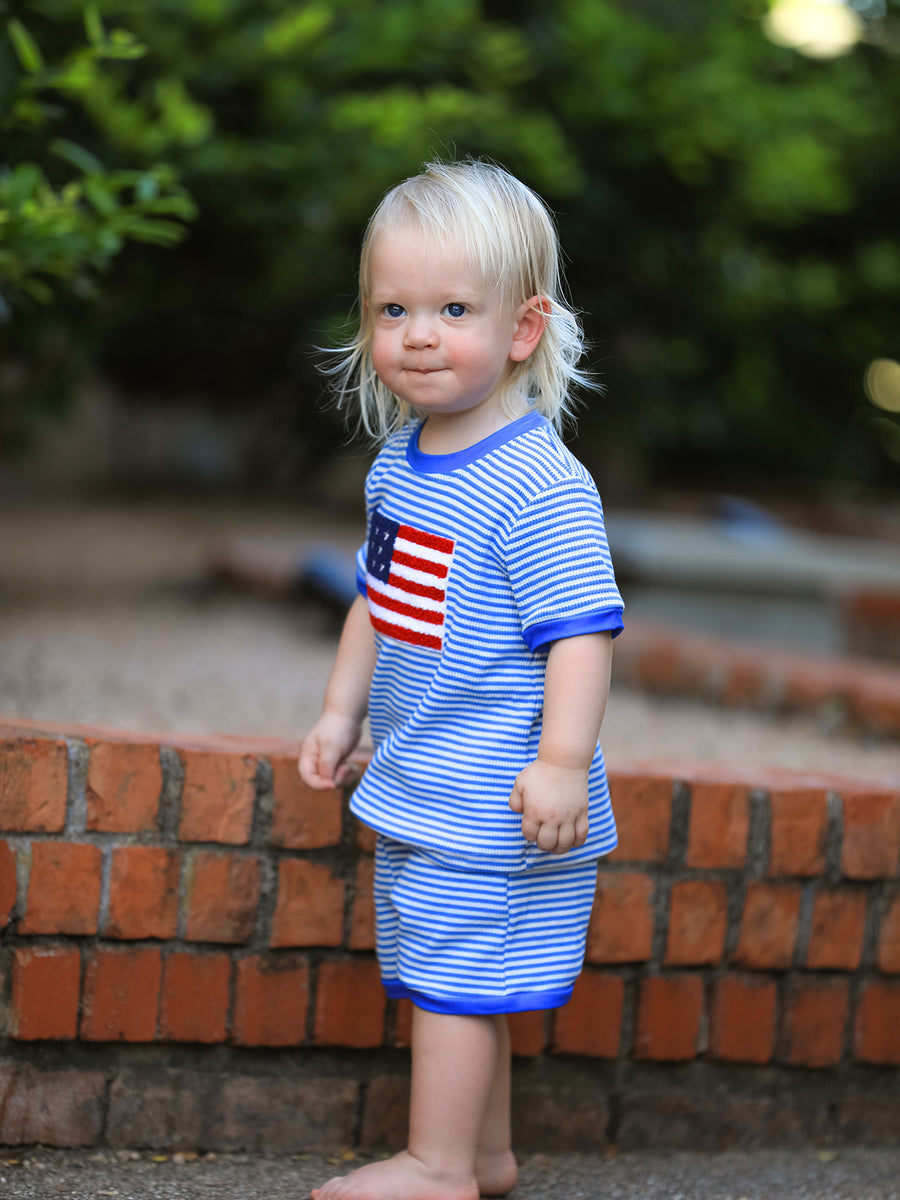 4th of July Flag Chenille Boys Set Blue Stripe Shorts