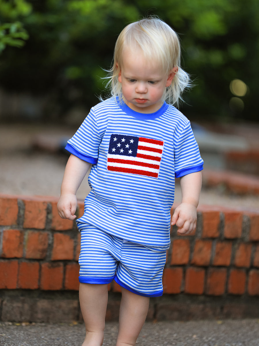 4th of July Flag Chenille Boys Set Blue Stripe Shorts