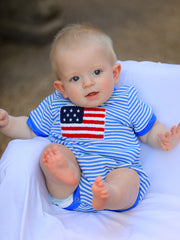 4th of July Flag Chenille Baby Boy Romper Blue Stripe