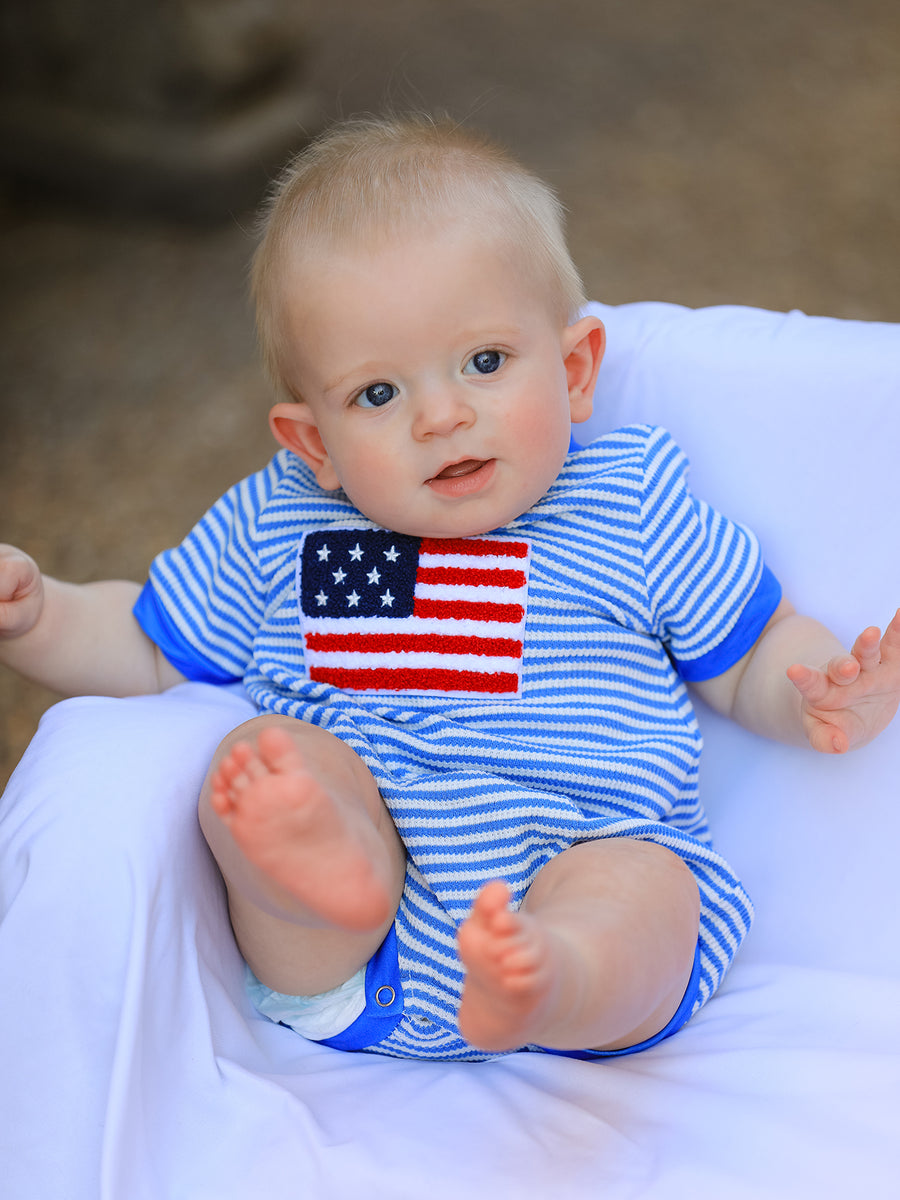 4th of July Flag Chenille Baby Boy Romper Blue Stripe