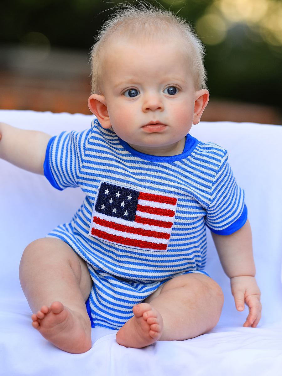 4th of July Flag Chenille Baby Boy Romper Blue Stripe