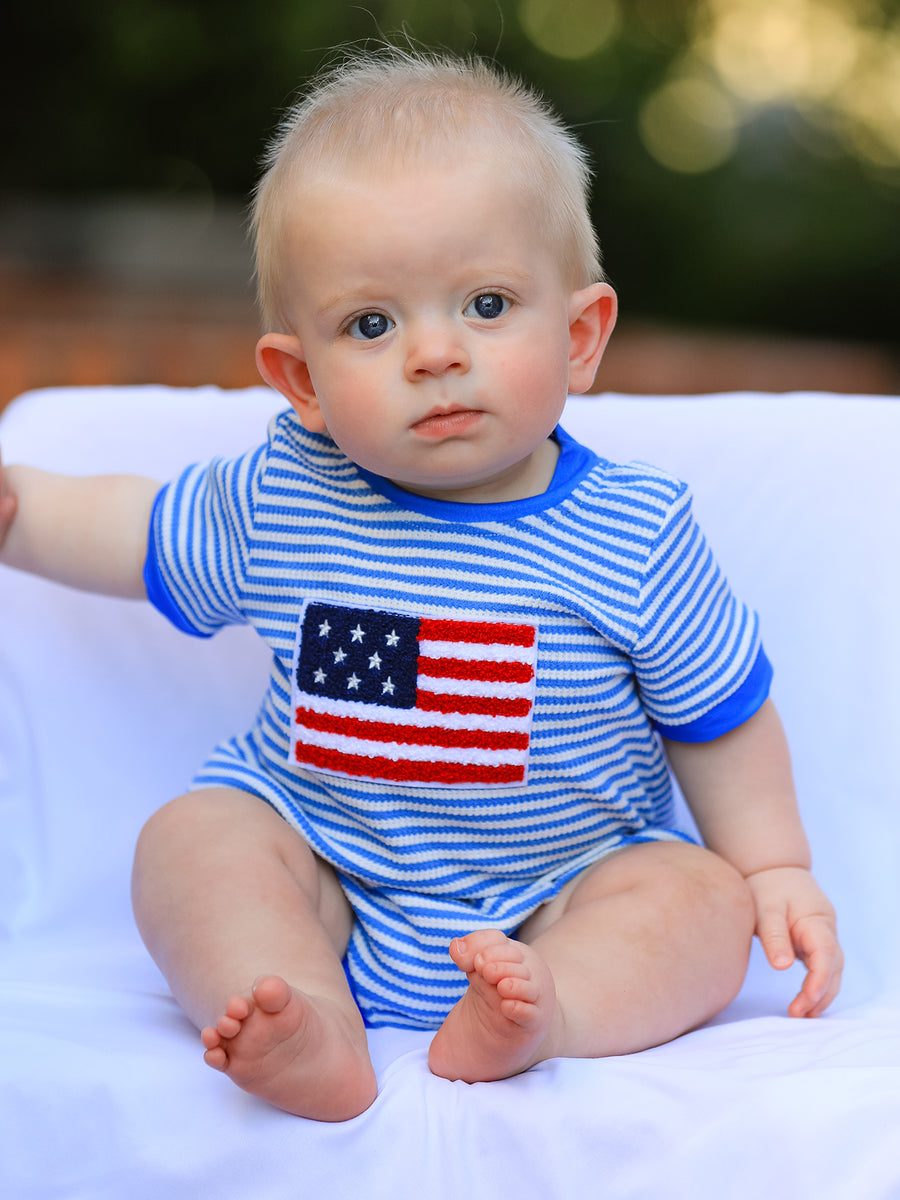4th of July Flag Chenille Baby Boy Romper Blue Stripe
