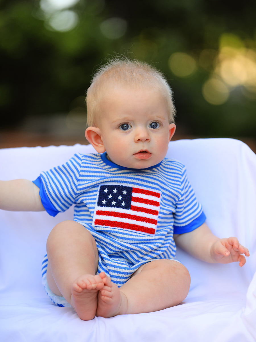 4th of July Flag Chenille Baby Boy Romper Blue Stripe